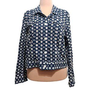 Jones New York XL Womens Eyelet Trucker Jacket Navy White Cotton Embroidered